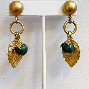 Dotty Smith Gold Tone Leaf Faux Jade Drop Earrings Vintage